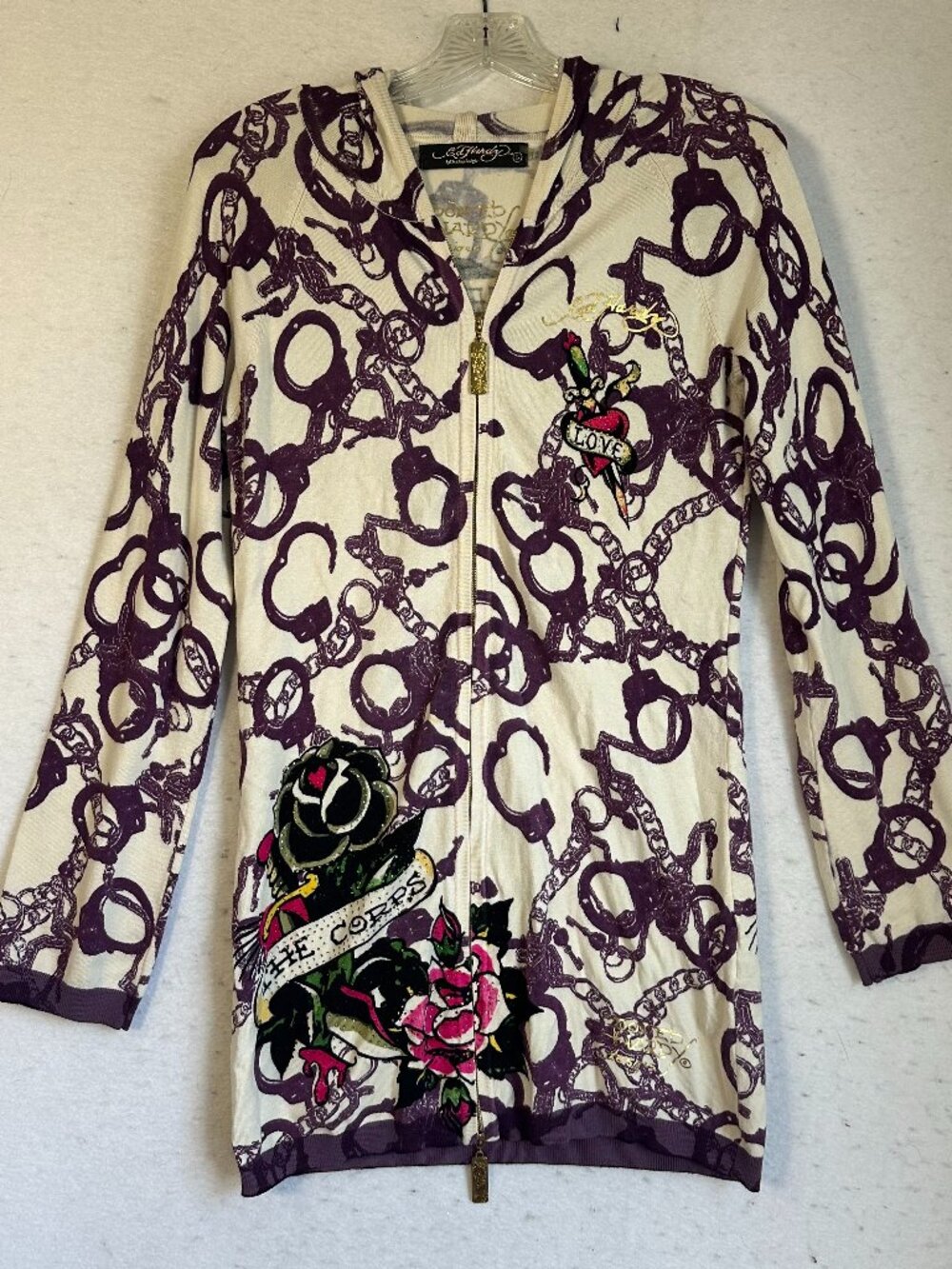 Ed Hardy by Christian Audigier Y2K Sz L AOP handcuffs Corps Dress Hoodie